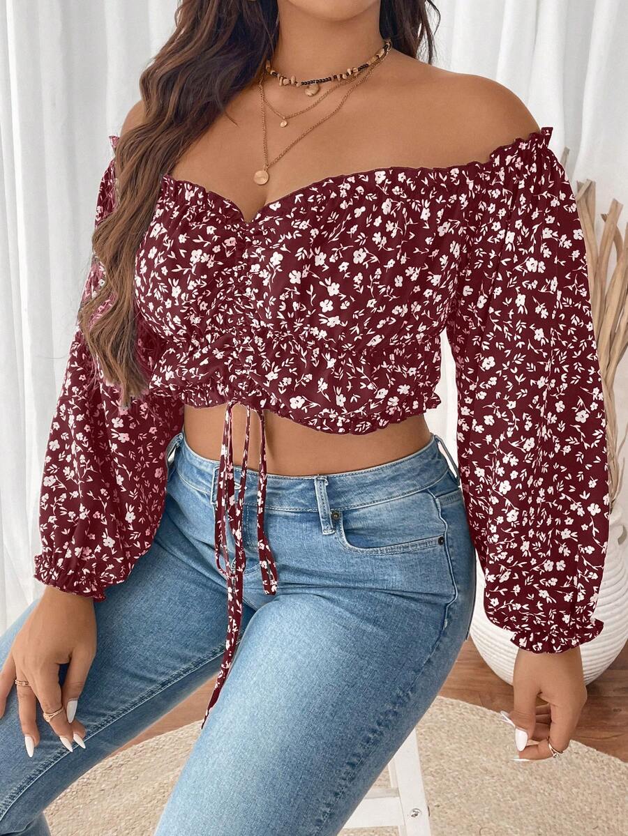 SHEIN VCAY Áo kiểu trễ vai xếp ly buộc dây dành cho người có vóc dáng mũm mĩm, thích hợp cho kỳ nghỉ lễ. - Màu Đỏ Sâu - Xem 1