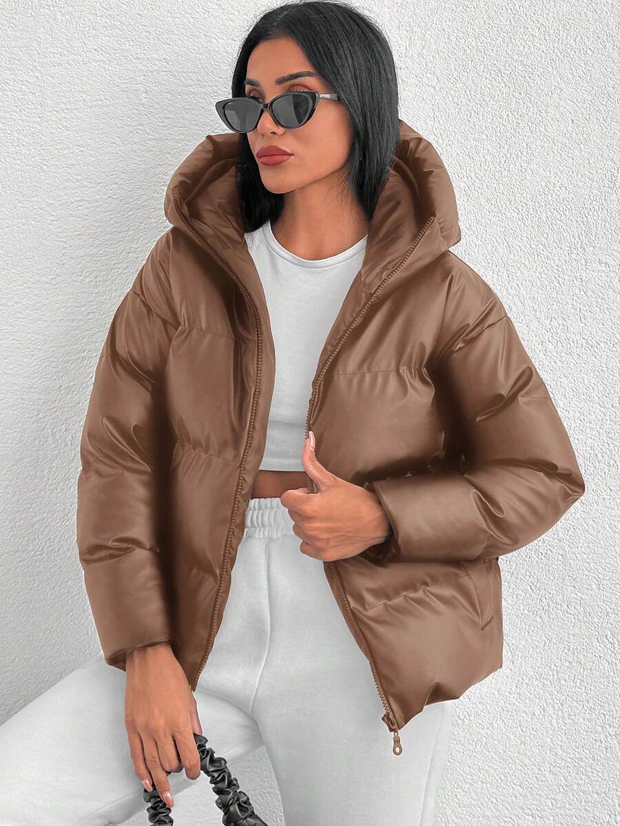 EURMUSE Petite Women's Zip Up Hooded Padded Coat Made Of PU Fabric - Camel - View 1