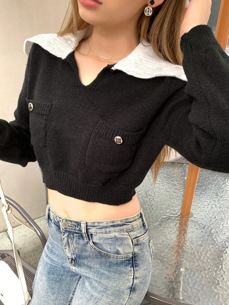 INAWLY Casual Color Block Collar With Pockets Knitted Long Sleeve Sweater  Fall Winter Outfit - Black - View 1