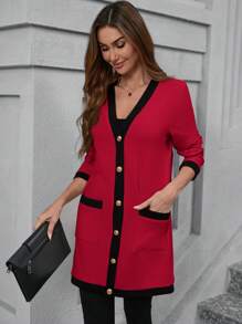 SHEIN Clasi 1pc Women Long Cardigan With Metal Button, Black And White Color, Elegant & Comfortable - Red - View 4