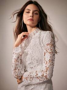 女士优雅法式玫瑰高品质缎面撞色蕾丝连衣裙长款女装 - 白色 - 查看 4