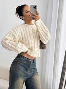 Flirla Femmes Chandail court en tricot à grosse maille à col roulé, épaules tombantes, coupe ample, couleur unie, pour un usage quotidien et décontracté