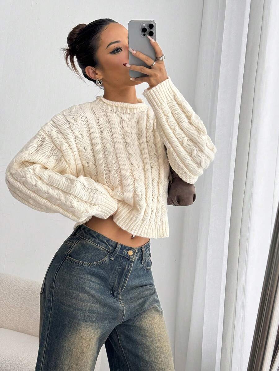 Flirla Femmes Chandail court en tricot à grosse maille à col roulé, épaules tombantes, coupe ample, couleur unie, pour un usage quotidien et décontracté