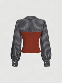 SHEIN MOD Áo cánh tay đèn lồng in sọc thanh lịch dành cho nữ 2 trong 1 có cạp chun, Xuân/Thu - màu nâu - Xem 2