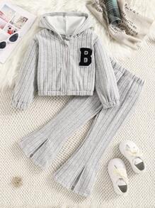 SHEIN 年轻女孩 2 件套服装，带 B 字母刺绣的连帽夹克和喇叭下摆罗纹针织裤，秋冬 - 淺灰色 - 查看 1