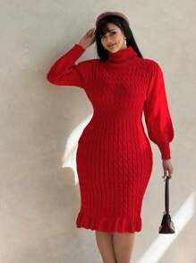 SHEIN Clasi Gaun Sweater Ukuran Besar Bergaya dengan Leher Tinggi, Lengan Lentera, dan Hem Berkerut, Cocok untuk Pakaian Tahun Baru dan Musim Dingin. - Merah - View 1