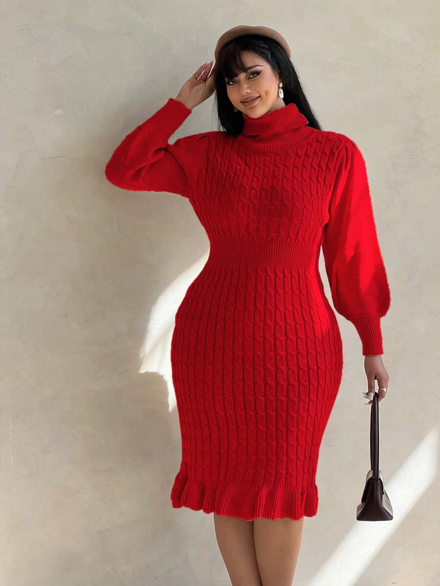 SHEIN Clasi Gaun Sweater Ukuran Besar Bergaya dengan Leher Tinggi, Lengan Lentera, dan Hem Berkerut, Cocok untuk Pakaian Tahun Baru dan Musim Dingin. - Merah - View 1