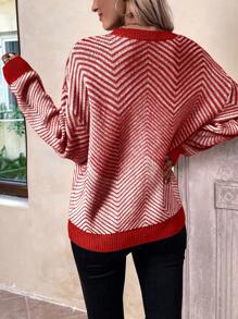 SHEIN LUNE Color Block Jagged Stripe Print Casual Versatile Long Sleeve Pullover Sweater