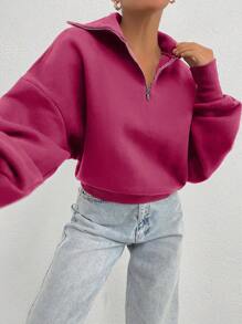 EURMUSE 100% Cotton Collar With Zipper Pattern Oversize Sweatshirt - Pink - View 4