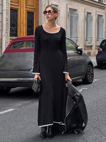 Chiquease Robe longue élégante pour femmes à manches longues, col en U, color block, tricot torsadé, pour vacances, noire - Noir - Voir 3