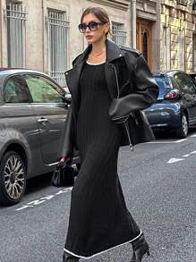 Chiquease Robe longue élégante pour femmes à manches longues, col en U, color block, tricot torsadé, pour vacances, noire - Noir - Voir 4