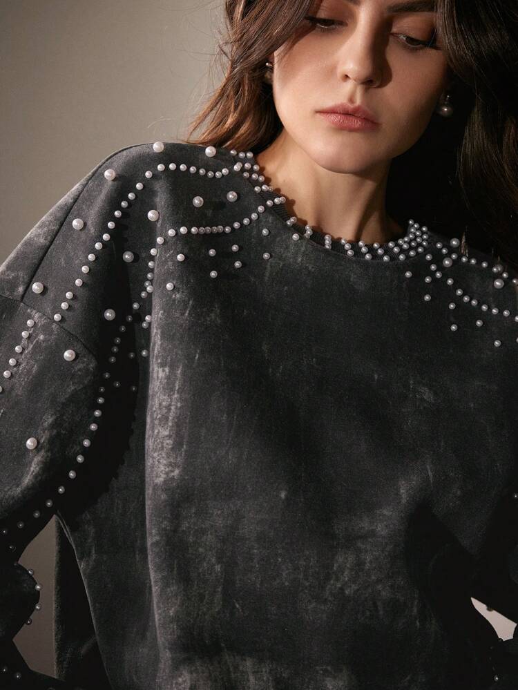 Women's Modern Faux Pearl Studded Crew Neck Pullover Sweatshirt,Graduation,Teacher,Back To School Fall