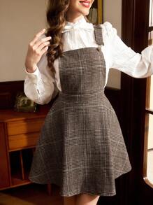 Vintamour 复古优雅女式套头连衣裙，带口袋，方领格子提花布，无袖背心裙配金属扣，褶皱 A 字形喇叭下摆中长连衣裙冬季女装复古感恩节女装冬季装圣诞女装圣诞装圣诞女装棕色迷你连衣裙圣诞服装棕色迷你裙冬季连衣裙假日棕色裙子谷仓 Barnfit