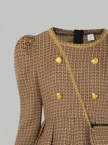 青少年女孩前扣长袖休闲连衣裙，简约风格，适合日常穿着 - 彩色 - 查看 5