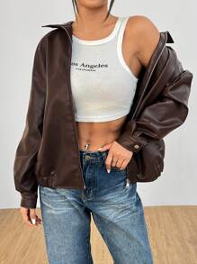 SHEIN PETITE Drop Shoulder Zip Up PU Cropped Leather Jacket