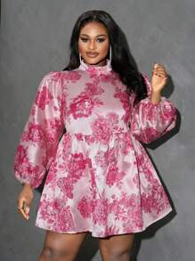 Slaydiva Plus Size Women Elegant Fashion Jacquard Silhouette Contrast Color Puff Sleeve High Neck A-Line Loose Smock Dress
