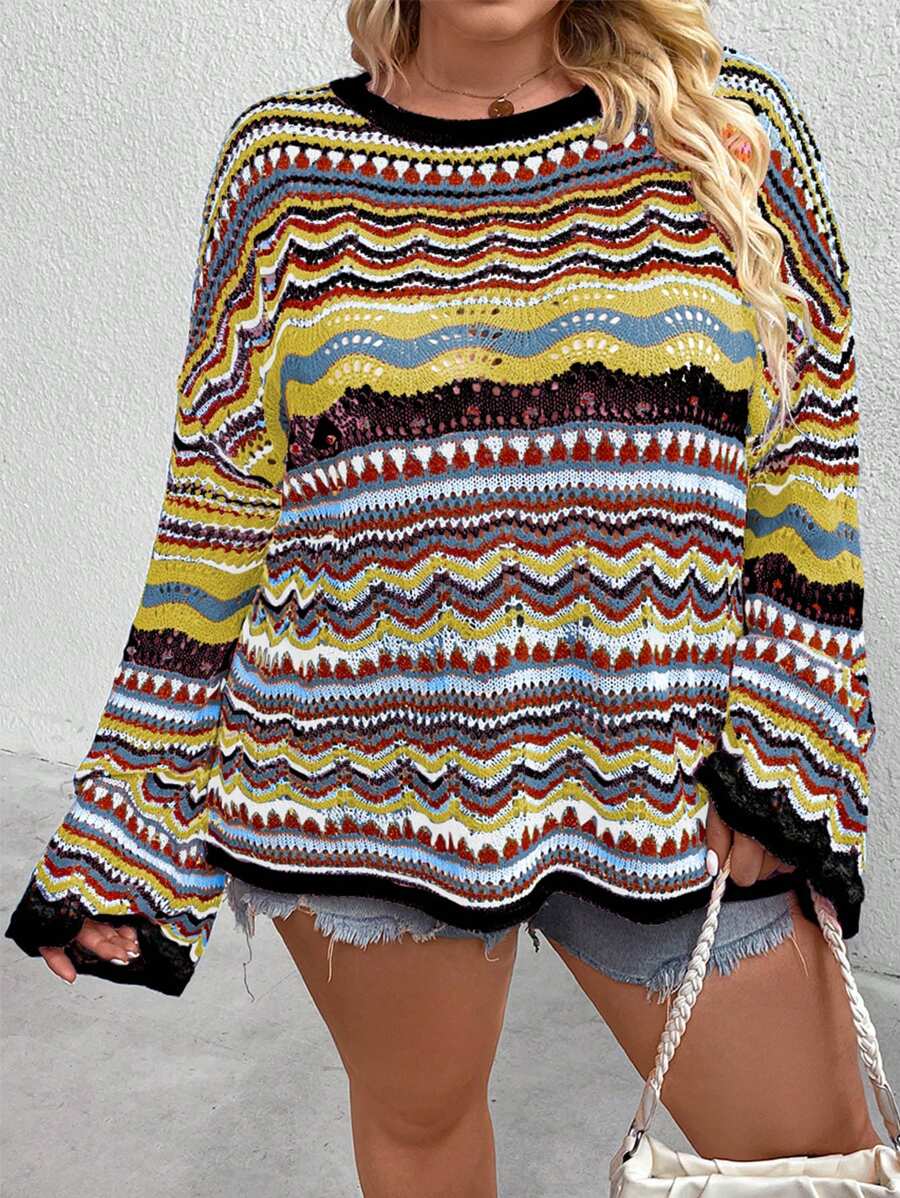 SHEIN CURVE+ Áo len chui đầu dáng rộng cỡ lớn, phối màu tương phản, thích hợp cho mùa lễ hội thu đông. - Nhiều màu - Xem 1