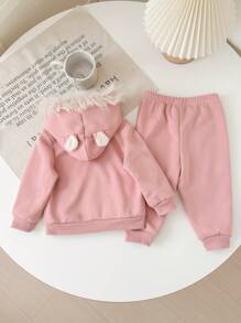 2 件装女婴针织毛绒羊毛保暖可爱 3D 耳朵字母刺绣连帽衫运动衫和保暖内衬裤套装，适合外出、派对等场合，秋冬季 - 粉色 - 查看 2