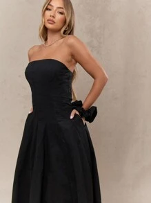 MISSGUIDED Corset Bust Pleated Strapless Bandeau Maxi Dress With Scrunchie Mother Day Outfit - Black - View 3