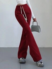 INAWLY Solva 女式休闲简约纯色抽绳腰斜口袋喇叭运动裤 - 酒紅色 - 查看 3