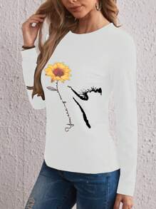 EMERY ROSE Camiseta de manga larga informal con estampado de flores y letras, otoño