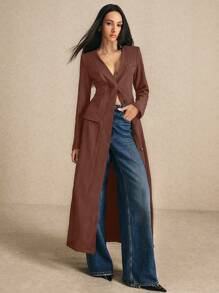 Poéselle 1 pieza Abrigo largo sencillo de mujer de manga larga de un solo color con botones al frente y bolsillo