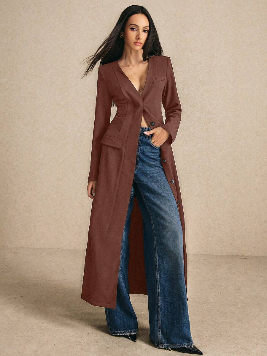 Poéselle 1pc Women Solid Color Button Front Long Sleeve Pocket Simple Long Coat - Brown - View 1