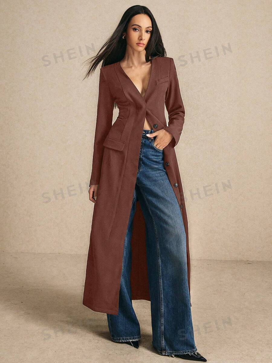 Poéselle 1 pieza Abrigo largo sencillo de mujer de manga larga de un solo color con botones al frente y bolsillo