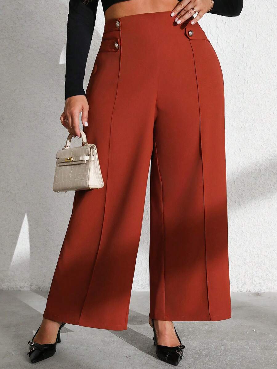 Flirla Plus Size Solid Color Double-Breasted Elegant Office Wear Wide Leg Pants - Rust Brown - View 1