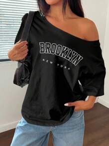 Women's Casual Printed T-Shirt, Short Sleeve And Round Neck, Local Urban Fashion Spring/Summer. Women's Blouses, Women's T-Shirts. 180g (S-XXXL) - 黑色 - 查看 3