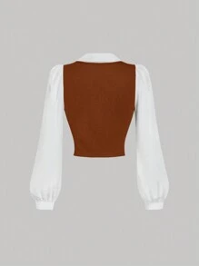 SHEIN MOD 1 pieza Camisa de manga larga con bloqueo de colores, cuello vuelto y fruncido en el pecho, en blanco y negro - Marrón - Ver 2