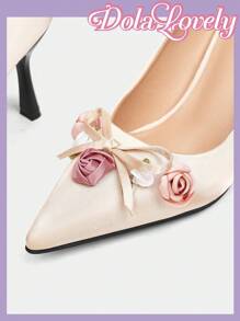 Dola Lovely Escarpins femme à talons hauts, à bout pointu avec nœud rose unicolore et fleurs 3D, chaussures plates à bride arrière