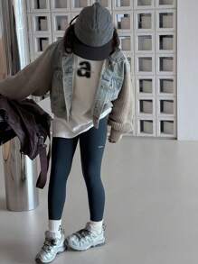 DAZY Tween Girl Letter Print Leggings, För Höst, Skolankläder, Termofodrade - Dammblå - Visa 6