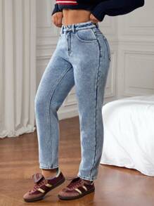 SHEIN Privé 女士休闲洗水斜口袋妈妈牛仔裤，秋冬加厚牛仔布 - 淺色水洗藍 - 查看 9