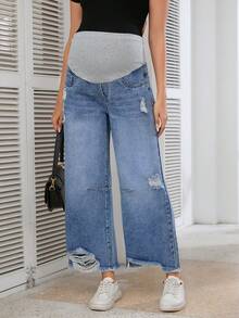 SHEIN Maternity Fashionable & Versatile Washed Ripped Wide Leg Jeans - Medium Wash - View 4