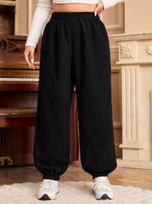 SHEIN EZwear Plus Size Solid Color Elastic Waist Casual Drawstring Ankle Pants