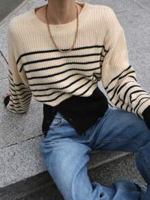 DAZY Contrast Striped Loose Crew Neck Long Sleeve Split Side Women Sweater