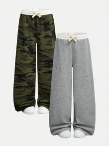 Tween 女童两件套撞色腰部迷彩和纯色宽松舒适休闲时尚裤，适合外出、秋冬季