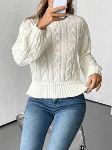 SHEIN LUNE 1pc Women's Solid Color Round Neck Twist Knit Casual Pullover Sweater Knit Pullover Fall Winter Outfit - White - View 3