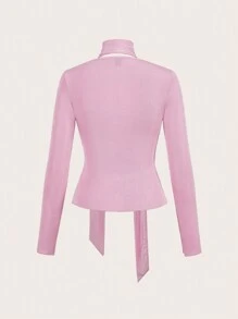 SHEIN Essnce 1pc Women Elegant 3D Floral Pleated Split Slim Fit Long Sleeve Top, Autumn,Pink Long Sleeve Dress, - Pink - View 2