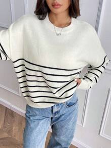 SHEIN LUNE Suéter de cuello redondo con estampado de leopardo en contraste, grueso y cálido para mujer, otoño/invierno - Blanco y Negro - Ver 5