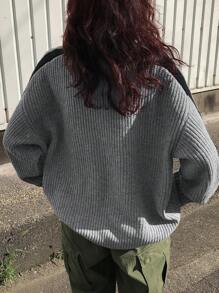 FRIFUL Suéter casual de manga larga con cremallera frontal y empalme de unicolor para mujer, ropa de otoño