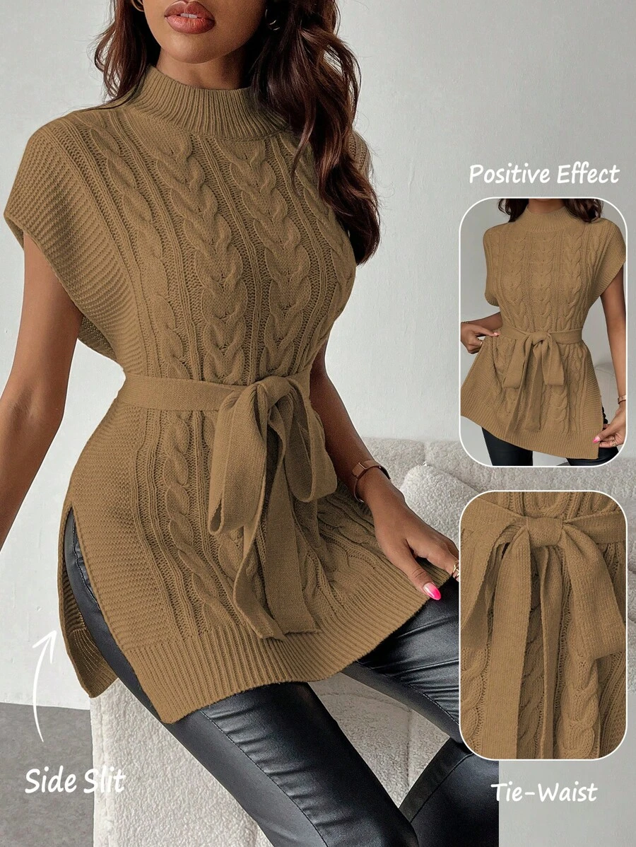 SHEIN Clasi Casual Everyday Cable Knit Vest With Slit, Autumn/Winter - Khaki - View 1