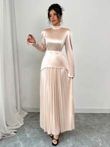 Chiquease 1set Knitted Mock Neck Long Sleeve Top With Split Cuff & Pleated Skirt - Black - View 4