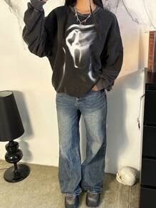 SHEIN EZwear Women's New Black Distressed Snow-Washed Ghost Face Printed Round Neck Loose Sweatshirt, Suitable For Daily Wear And Suitable For Halloween,Long Sleeve Tops In Fall/Winter - Black - View 4