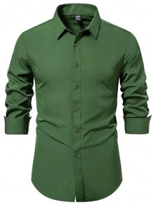 Manfinity Mode 男士纯色长袖衬衫，休闲商务装，秋季 - 綠色 - 查看 1