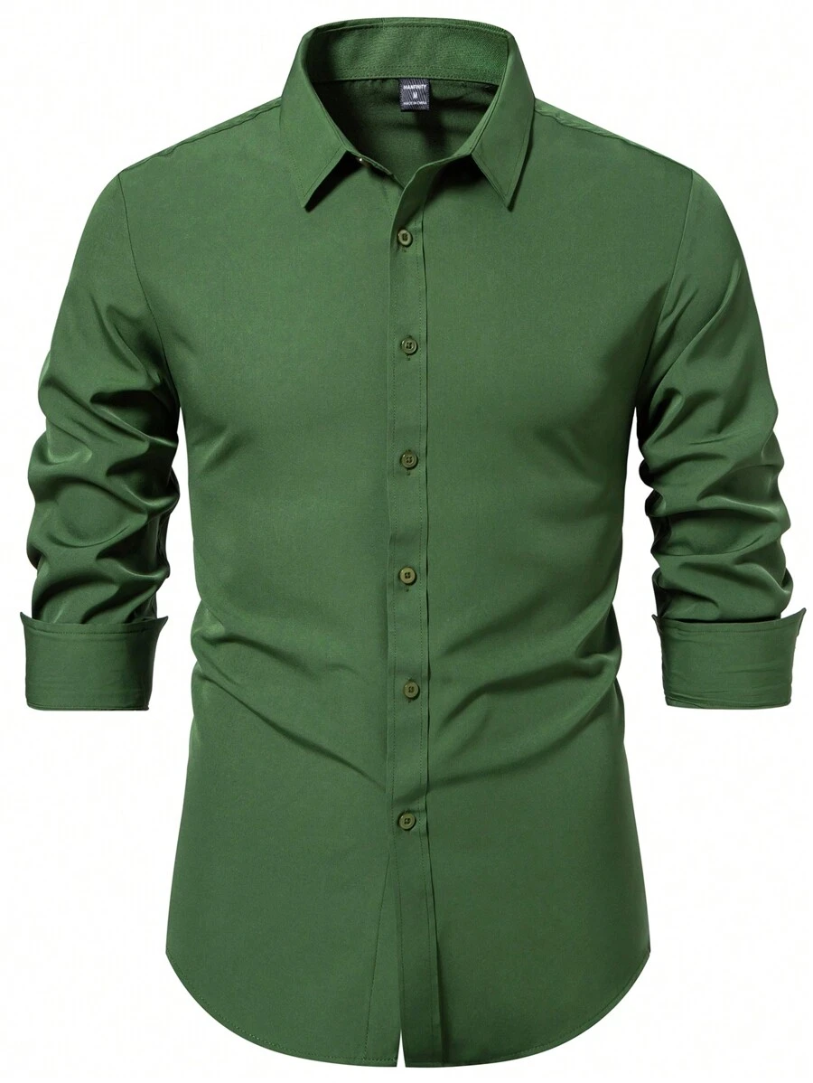 Manfinity Mode 男士纯色长袖衬衫，休闲商务装，秋季 - 綠色 - 查看 1