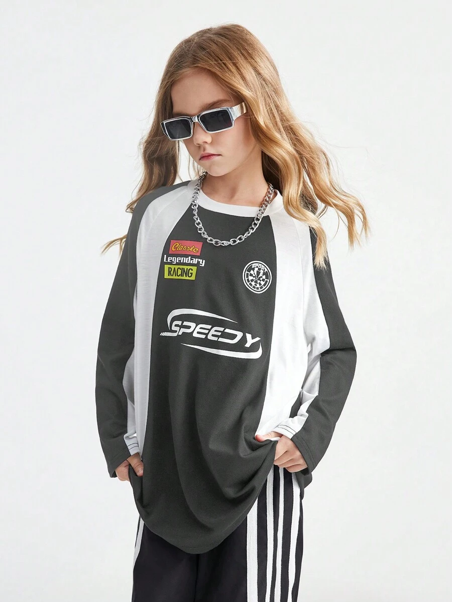 SHEIN Tween 女童秋季学院风街头运动服 Blockcore 足球超大 T 恤,适合返校季 - 灰色 - 查看 1