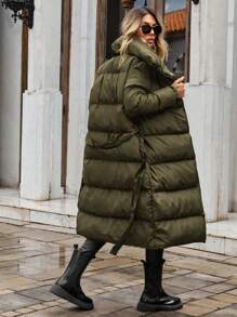 EURMUSE Solid Color Belted Long Padded Jacket For Women - Green - View 2