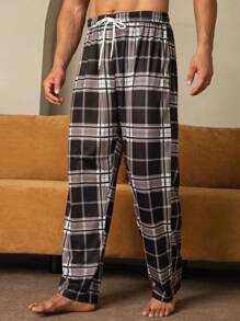Manfinity Underwear&Sleepwear Basics Men's Plaid Print Drawstring Waist Loose Straight Leg Home Pants
